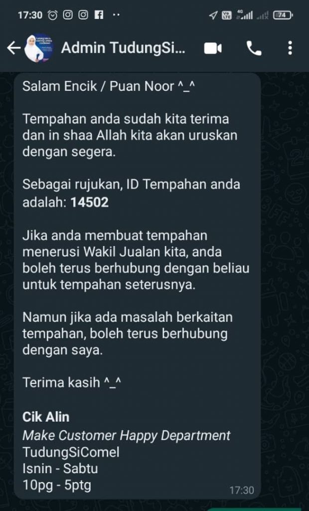 Maklumat Tempahan Pelanggan - Tracking Number 1 ID Tempahan