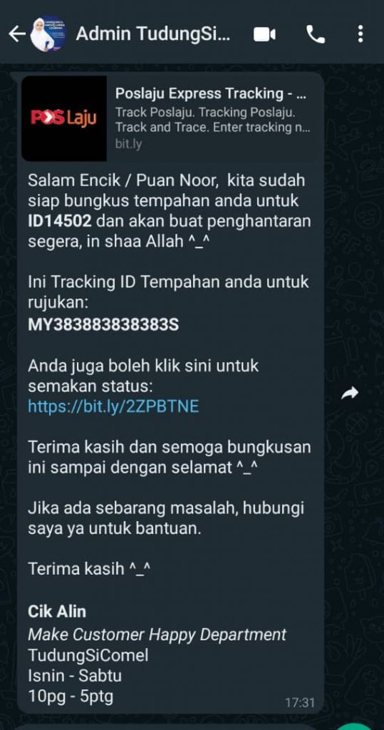 Maklumat Tempahan Pelanggan - Tracking Number 2 Tracking number